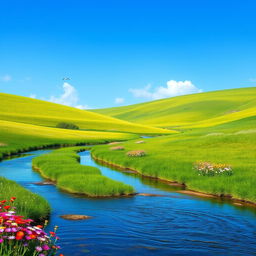 A serene landscape featuring a clear blue sky, lush green meadows, and a tranquil river flowing through the scene