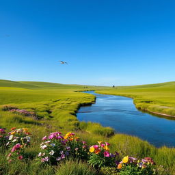 A serene landscape featuring a clear blue sky, lush green meadows, and a tranquil river flowing through the scene