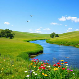 A serene landscape featuring a clear blue sky, lush green meadows, and a tranquil river flowing through the scene