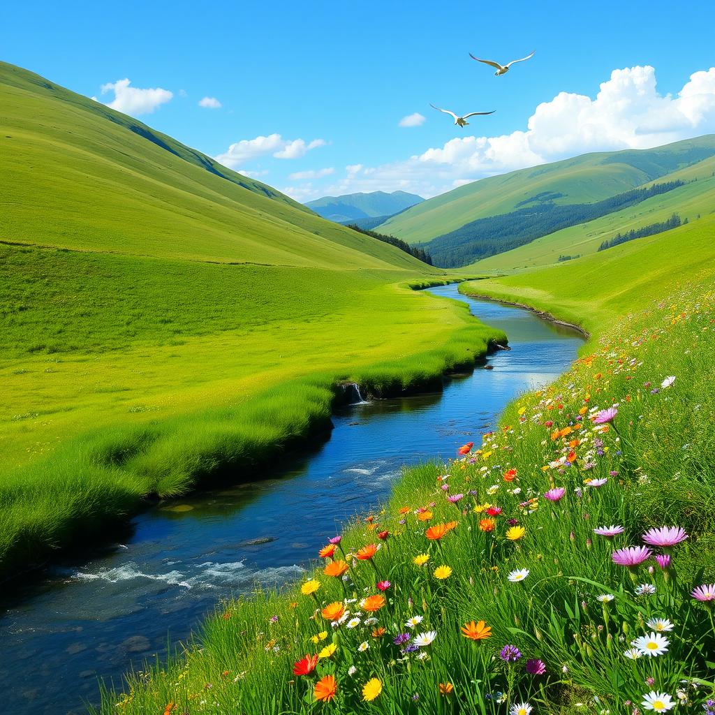 A serene landscape featuring a clear blue sky, lush green meadows, and a tranquil river flowing through the scene