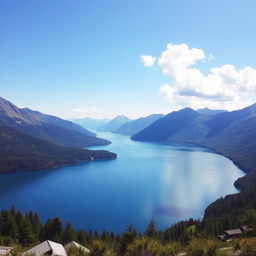 A beautiful landscape featuring a serene lake surrounded by mountains, with a clear blue sky and a few fluffy clouds