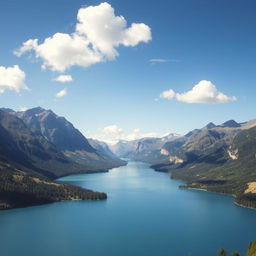 A beautiful landscape featuring a serene lake surrounded by mountains, with a clear blue sky and a few fluffy clouds