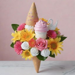 A photorealistic bouquet made up of flowers that look like an ice cream cone, sun, moon, and music note. Adorn the bouquet with star, leaf, candy, and gift-shaped toppings.