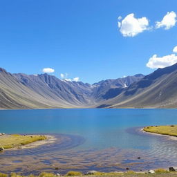 A beautiful landscape featuring a serene lake surrounded by mountains, with a clear blue sky and a few fluffy clouds