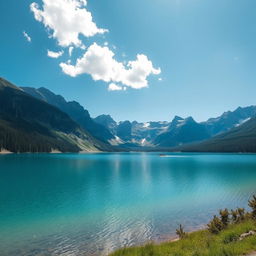 A beautiful landscape featuring a serene lake surrounded by mountains, with a clear blue sky and a few fluffy clouds