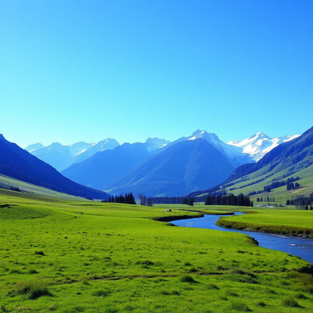 A serene landscape with a clear blue sky, lush green meadows, and a gentle river flowing through