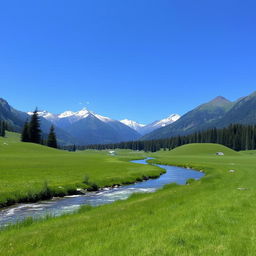 A serene landscape with a clear blue sky, lush green meadows, and a gentle river flowing through