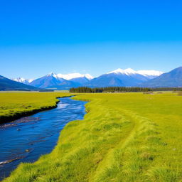 A serene landscape with a clear blue sky, lush green meadows, and a gentle river flowing through