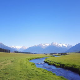 A serene landscape with a clear blue sky, lush green meadows, and a gentle river flowing through