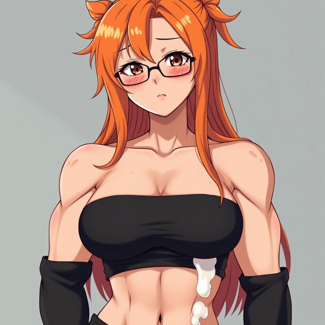 An anime-style muscular girl with long orange hair and large breasts, dressed in a black off-shoulder dress