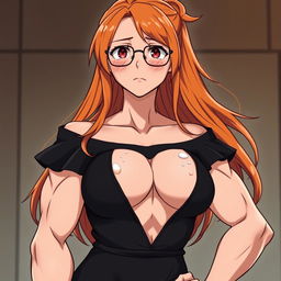 An anime-style muscular girl with long orange hair and large breasts, dressed in a black off-shoulder dress