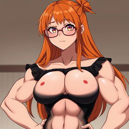 An anime-style muscular girl with long orange hair and large breasts, dressed in a black off-shoulder dress