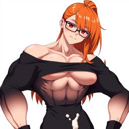 An anime-style muscular girl with long orange hair and large breasts, dressed in a black off-shoulder dress