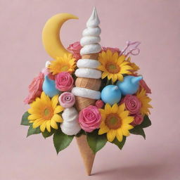 A photorealistic bouquet made up of flowers that look like an ice cream cone, sun, moon, and music note. Adorn the bouquet with star, leaf, candy, and gift-shaped toppings.