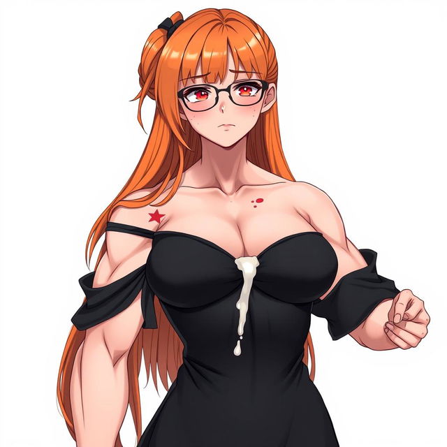 An anime-style ultra-muscular girl with long orange hair and large breasts, dressed in a black off-shoulder dress