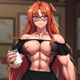 An anime-style ultra-muscular girl with long orange hair and large breasts, dressed in a black off-shoulder dress