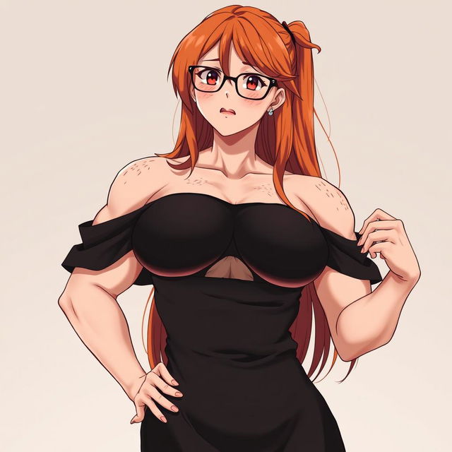 An anime-style ultra-muscular girl with long orange hair and large breasts, dressed in a black off-shoulder dress