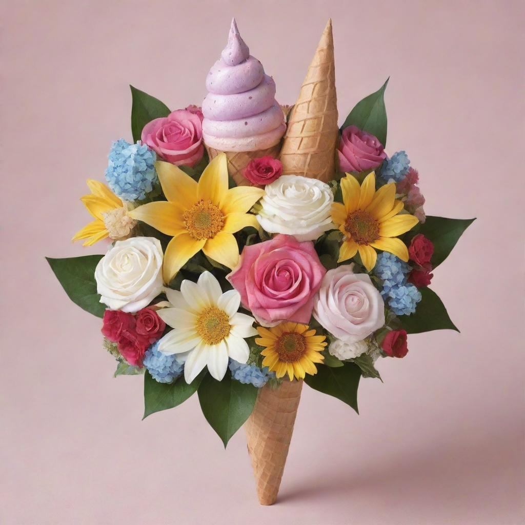 A photorealistic bouquet made up of flowers that look like an ice cream cone, sun, moon, and music note. Adorn the bouquet with star, leaf, candy, and gift-shaped toppings.