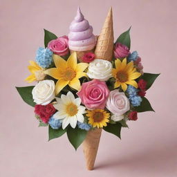 A photorealistic bouquet made up of flowers that look like an ice cream cone, sun, moon, and music note. Adorn the bouquet with star, leaf, candy, and gift-shaped toppings.