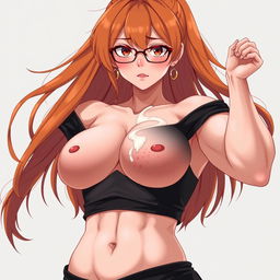 An anime-style ultra-muscular girl with long orange hair and large breasts, dressed in a black off-shoulder dress