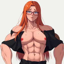 An anime-style ultra-muscular girl with long orange hair and large breasts, dressed in a black off-shoulder dress