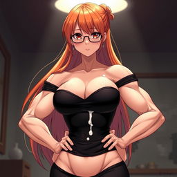 An anime-style ultra-muscular girl with long orange hair and large breasts, dressed in a black off-shoulder dress