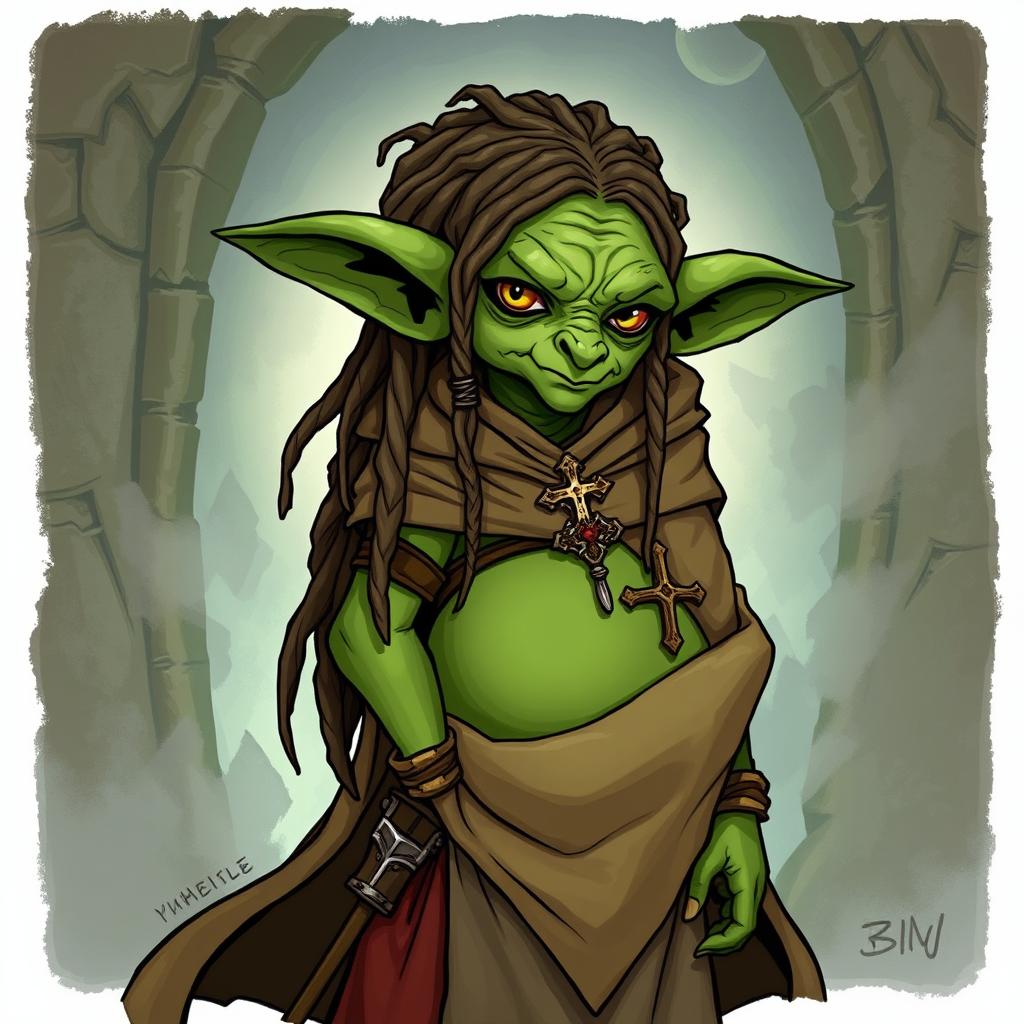 A detailed illustration of a genderless goblin cleric from Dungeons & Dragons