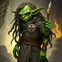 A detailed illustration of a genderless goblin cleric from Dungeons & Dragons