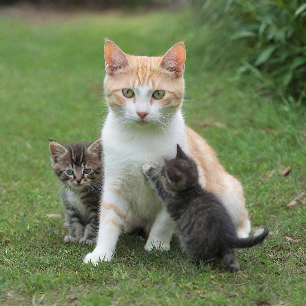 The kittens' mother cat, appearing majestically, joining her playful kittens in the lush park