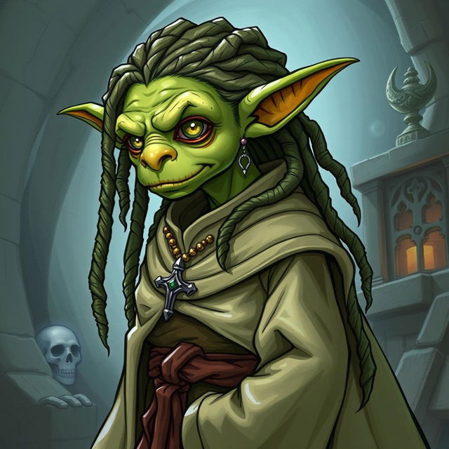 A detailed illustration of a genderless goblin cleric from Dungeons & Dragons