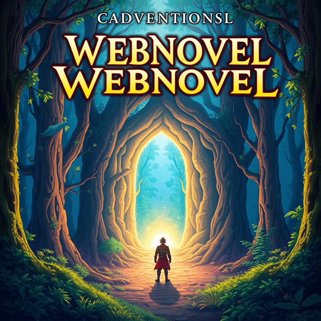 Create a captivating webnovel cover featuring a mystical forest with a glowing portal at its center