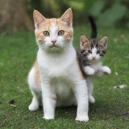 The kittens' mother cat, appearing majestically, joining her playful kittens in the lush park