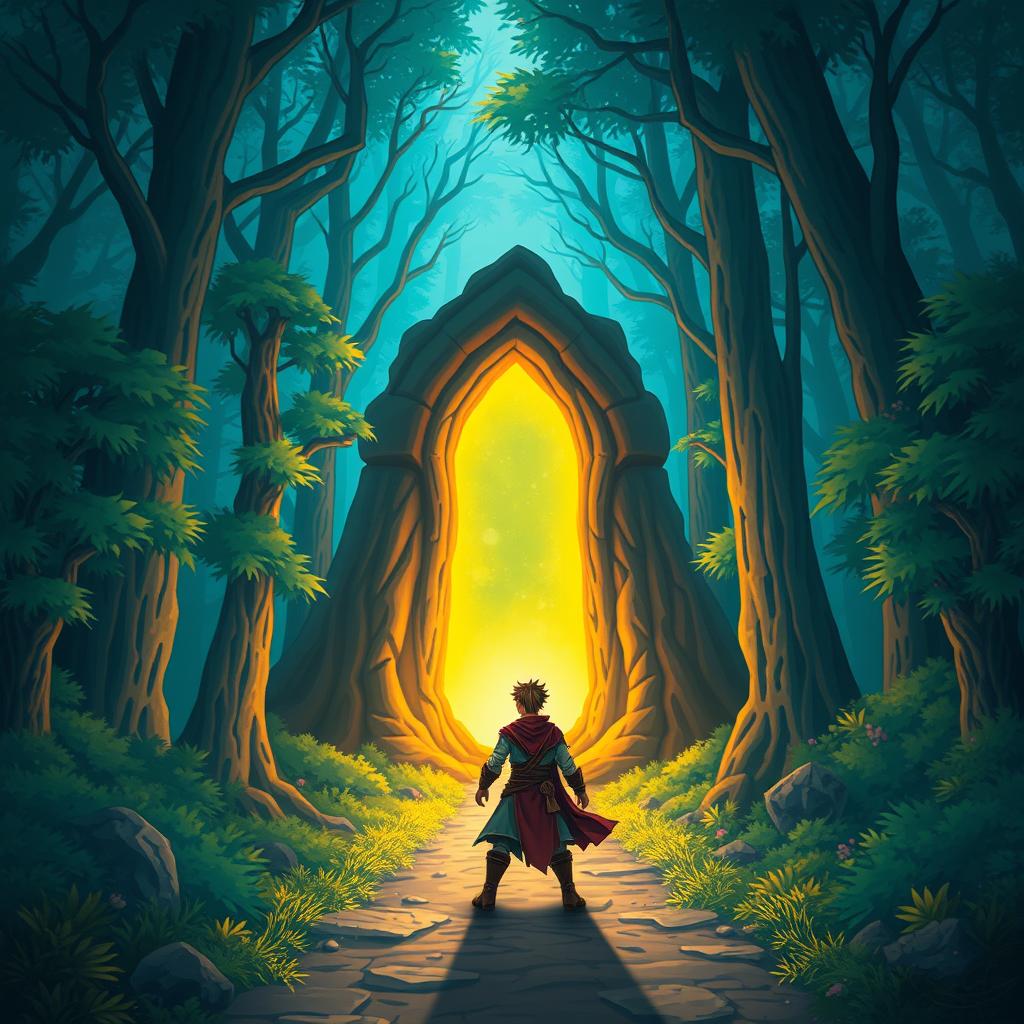 Create a captivating webnovel cover featuring a mystical forest with a glowing portal at its center