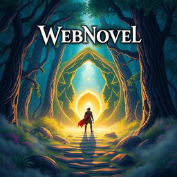 Create a captivating webnovel cover featuring a mystical forest with a glowing portal at its center