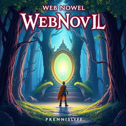 Create a captivating webnovel cover featuring a mystical forest with a glowing portal at its center