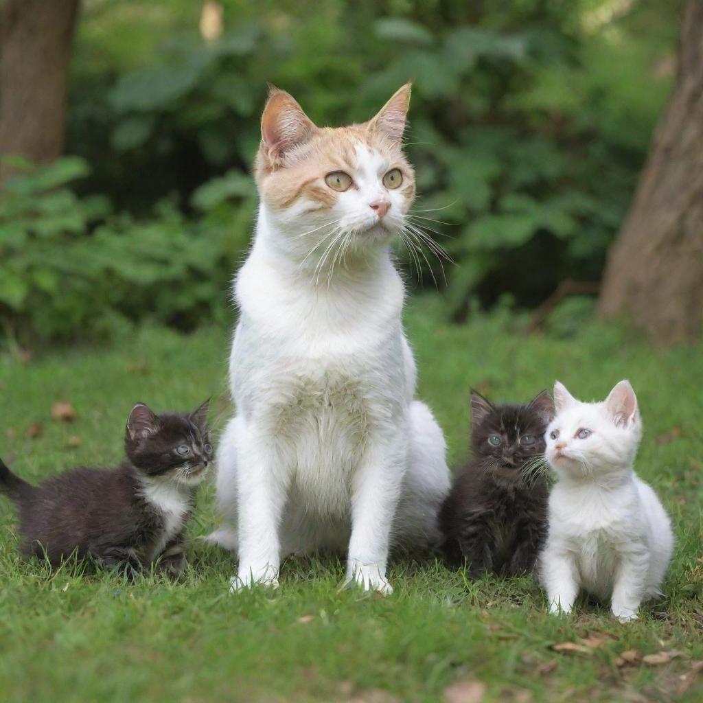 The kittens' mother cat, appearing majestically, joining her playful kittens in the lush park