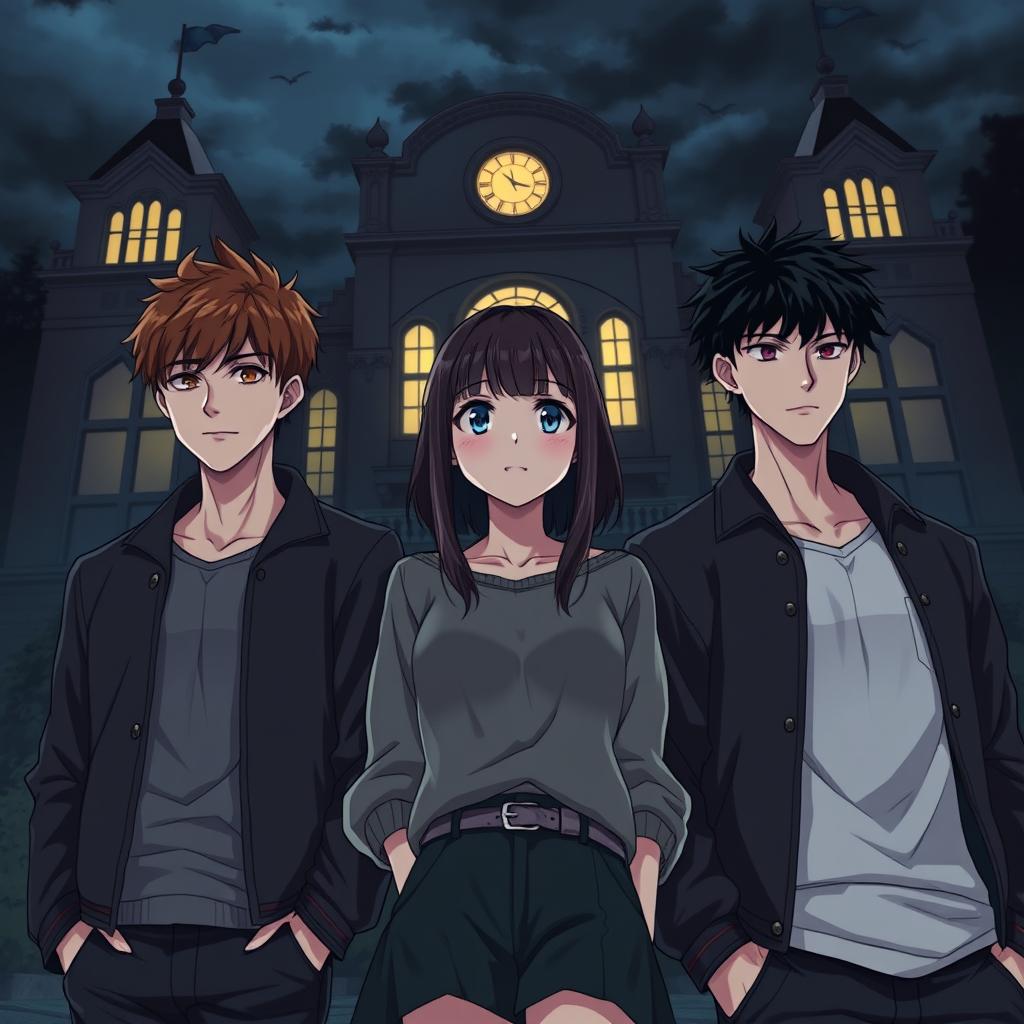 A dark, captivating anime-style book cover illustration features a high school romance plot with a charming brunette girl at the center