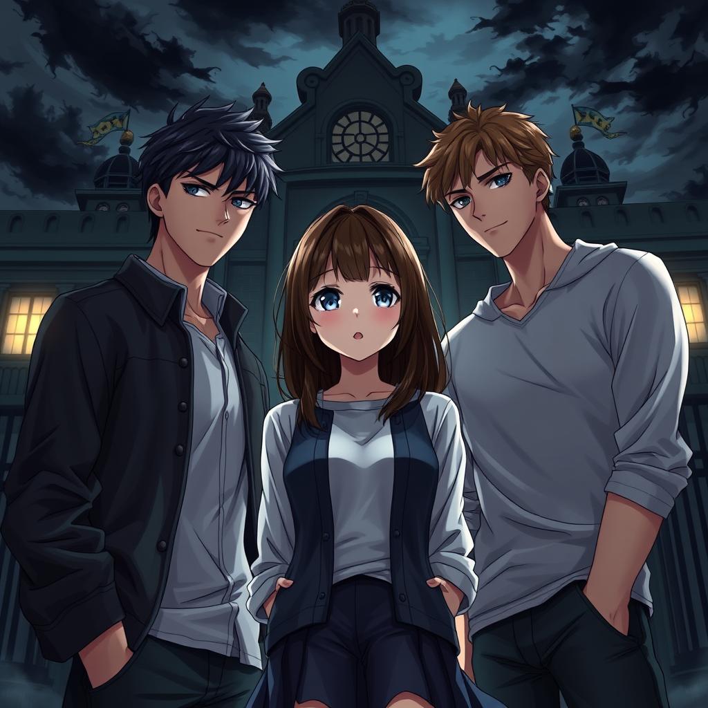 A dark, captivating anime-style book cover illustration features a high school romance plot with a charming brunette girl at the center