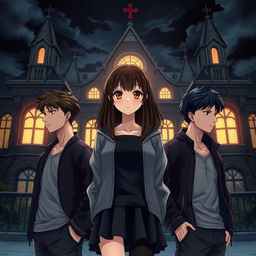 A dark, captivating anime-style book cover illustration features a high school romance plot with a charming brunette girl at the center