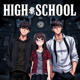 A dark, captivating anime-style book cover illustration features a high school romance plot with a charming brunette girl at the center