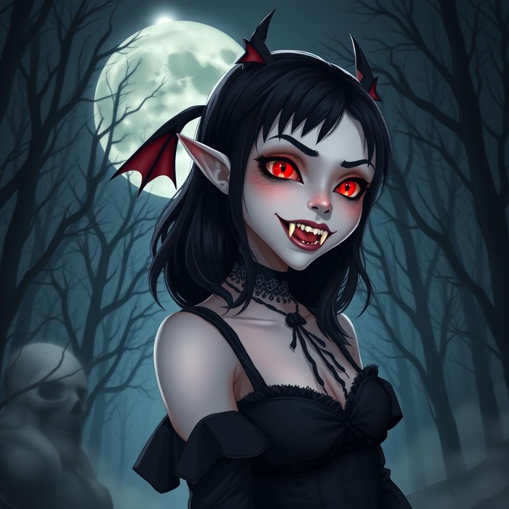 Create an image of a vampire girl with pale skin, sharp fangs, and glowing red eyes