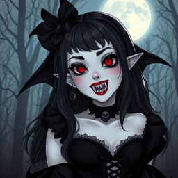 Create an image of a vampire girl with pale skin, sharp fangs, and glowing red eyes