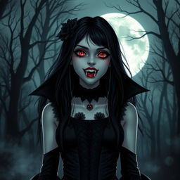 Create an image of a vampire girl with pale skin, sharp fangs, and glowing red eyes