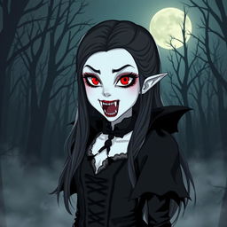 Create an image of a vampire girl with pale skin, sharp fangs, and glowing red eyes