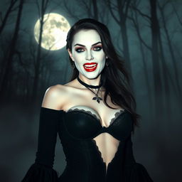 Create an image of a seductive vampire with pale skin and sharp fangs