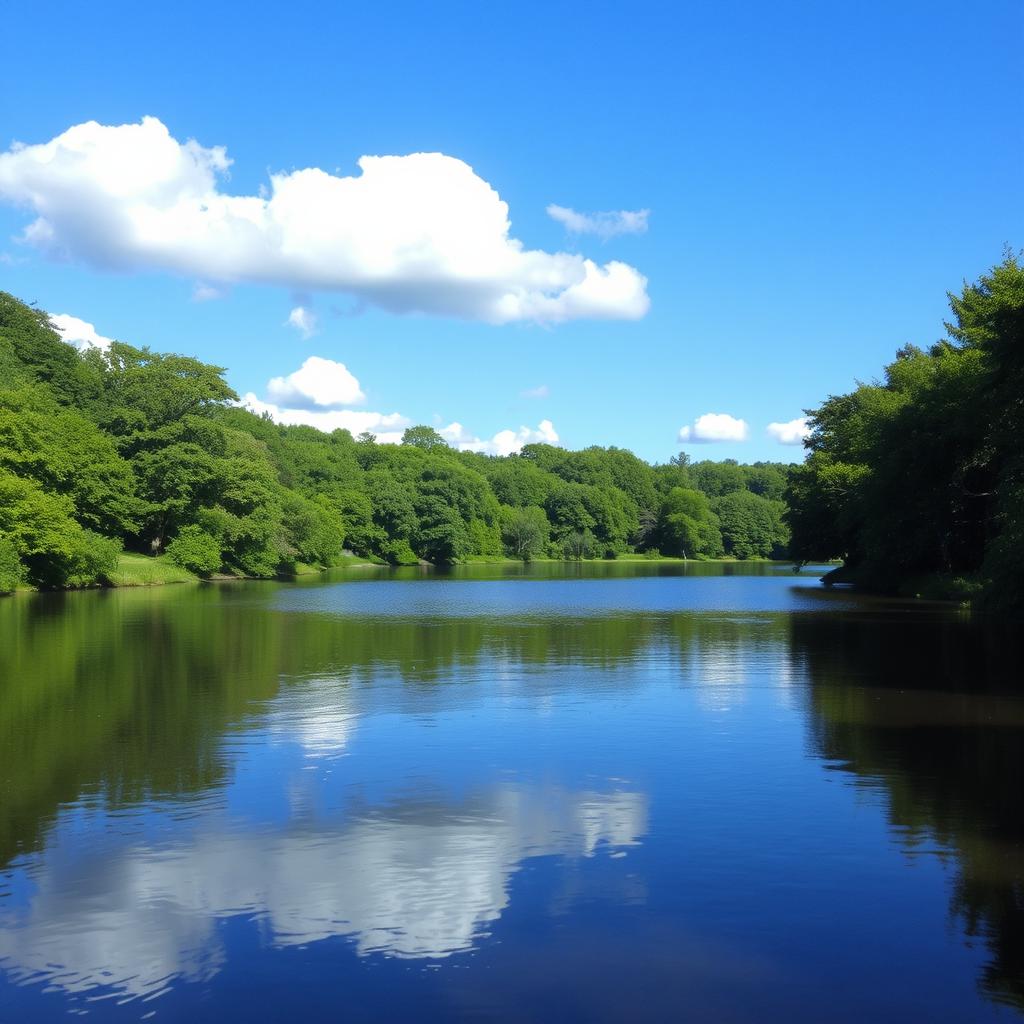 A serene landscape featuring a calm lake surrounded by lush green trees, with a clear blue sky and a few fluffy white clouds