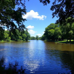 A serene landscape featuring a calm lake surrounded by lush green trees, with a clear blue sky and a few fluffy white clouds