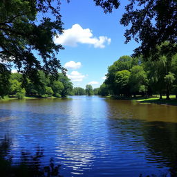 A serene landscape featuring a calm lake surrounded by lush green trees, with a clear blue sky and a few fluffy white clouds