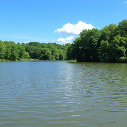 A serene landscape featuring a calm lake surrounded by lush green trees, with a clear blue sky and a few fluffy white clouds