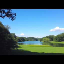 A serene landscape featuring a calm lake surrounded by lush green trees, with a clear blue sky and a few fluffy white clouds